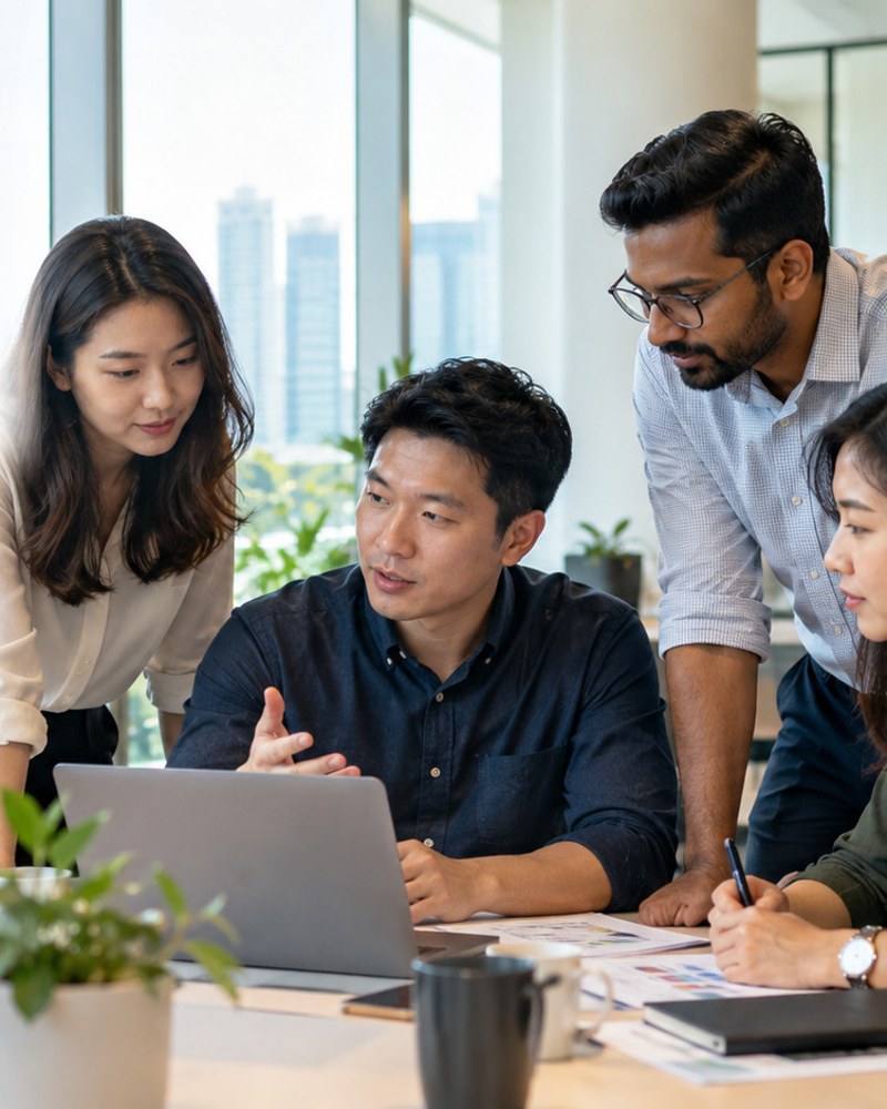 A small team around a laptop