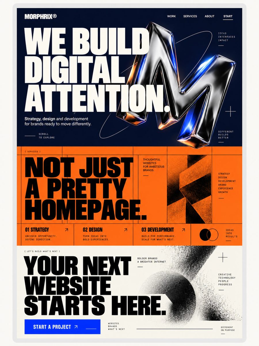 Concept direction: dark navy site with bold white headline, chrome letter M and orange service band