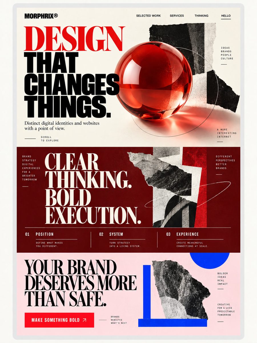 Concept direction: editorial site with red serif headline, glass sphere and torn-paper collage